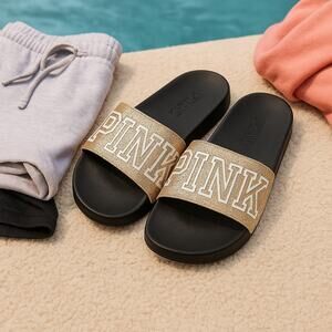 PINK Gold Glitter Logo Slides Women’s Size 9/10 Sandals Victoria’s Secret